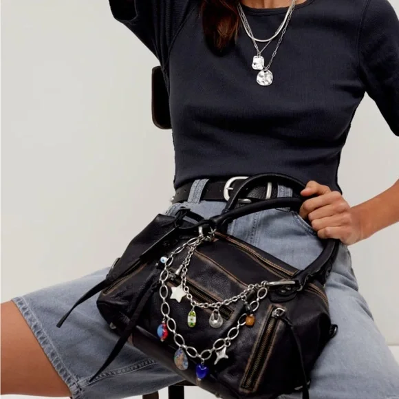 $178! Free People We The Free BABY EMERSON LEATHER TOTE BAG Black NEW - Picture 2 of 9